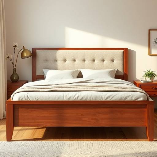 Cama de madeira maciäa com cabeceira estofada